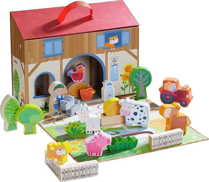 HABA Play World at The Farm Play Set - Barn and Animal Farm Toys for Toddlers 1-3, Toddler Learning Toys, Preschool Animal Figurines, Made in Germany