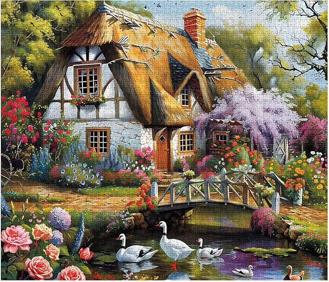 Forest Cabin Jigsaw Puzzle，Cute House Scenery 1000 Pieces Jigsaw Puzzles for Adults，27 x 20 Inches Puzzles ，HD Quality Goose Flowers Trees Wall Puzzle Gift，Family Activity Perfect for Game Night