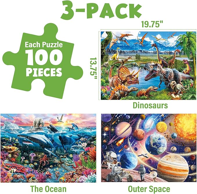 BenBen Puzzles for Kids Ages 4-6, 3 Pack 100 Pieces Large Puzzles for Toddlers 3-5 (Dinosaurs, Outer Space, Ocean Life), Learning & Educational Games for Kids 6-8, 19.75” x 13.75”