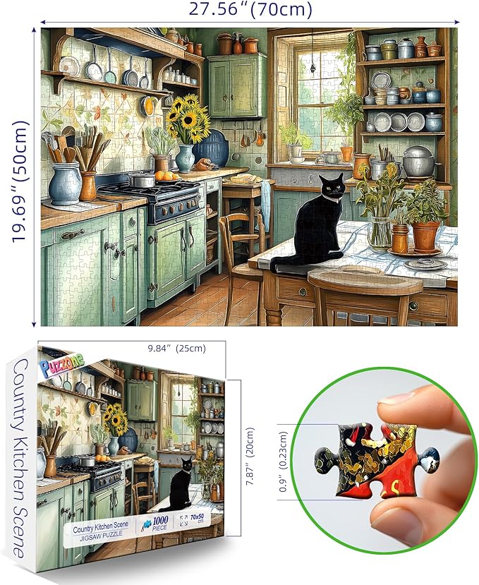 Vintage Country Kitchen Jigsaw Puzzle 1000 Pieces for Adults Cozy Farmhouse Scene Cat Sunflowers Rustic Decor Challenging Puzzle Games Fun Family Activity （27.6" x 19.7"）