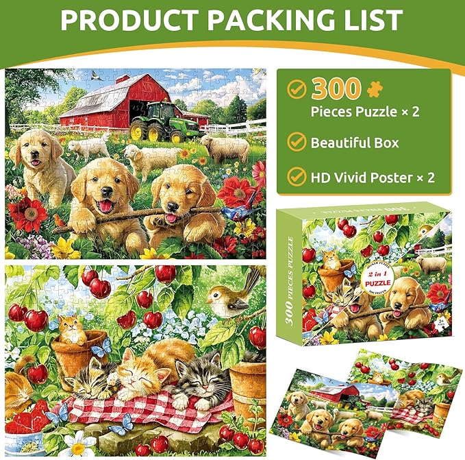 2 Pack 300 Piece Puzzle for Adults, Kittens Puppies Jigsaw Puzzle for Adults Teens,Large Piece Puzzle for Kids Ages 8-10 10-12,Glossy & Sturdy Pieces,Challenging Family Game Great Gift Idea,20.5x15 in