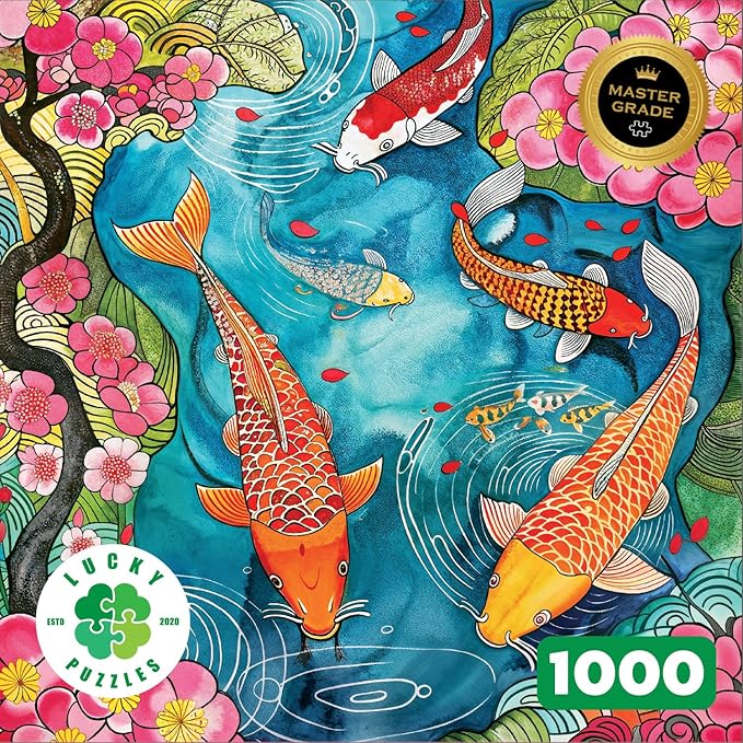 Lucky Puzzles - Coy Koi - 1000 Piece Jigsaw Puzzle for Adults | Vibrant Koi Pond Artwork | Challenging Puzzle for Adults for Puzzle Lovers