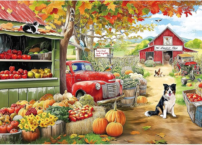 Puzzles for Adults 1000 Pieces, Jigsaw Puzzles 1000 Pieces – Autumn Harvest Farm Puzzle with Dog, Squirrel, Kitten, Golden Leaves & Pumpkins – Cozy Fall Scene for Nature & Animal Lovers (28 x 20 in)