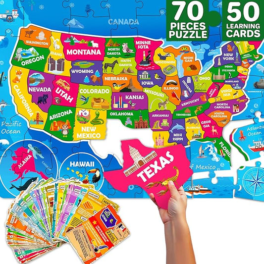 QUOKKA Puzzles for Kids Ages 8-10 - 150 Pcs Jigsaw Puzzles for 6-8 Year Olds - 400+ Facts on 50 Double - Sided Flashcards - Learn USA Education Activity Gift - Shaped Puzzle for Toddlers 4-6