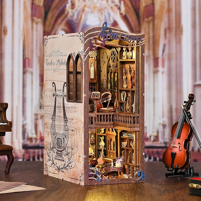 Timeless Melody Book Nook Kit, DIY Miniature Dollhouse Booknook Kit Music, 3D Wooden Puzzle Bookend Bookshelf Insert Decor with LED Light, Mini House Kit for Teens and Adults