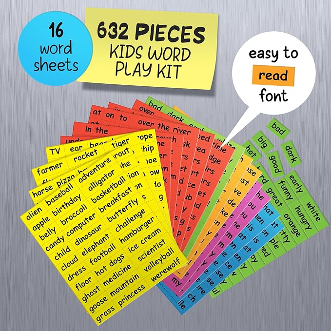 Kids Word Play – 632 Fridge Magnets for Children – Explore Sentence Building, Writing, Poetry, and Imagination with Magnet Words for Your Refrigerator – Big .75" Tall Tiles – Color-Coded