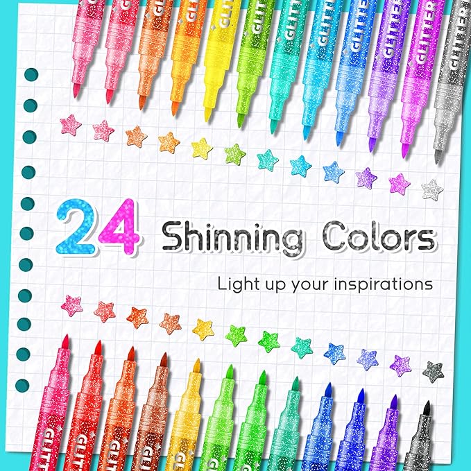 Glitter Markers Pens, 24 Colors Glitter Paint Pens Set Acrylic Sparkle Markers Teen Art Supplies for Scrapbooking, Cards, DIY Crafts, Adults Coloring, Extra-Fine Tip 0.7mm