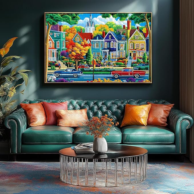 Fall City Landscape Puzzles for Adults 1000 Pieces Funny Colorful Autumn Vibrant Stree Jigsaw Puzzles 1000 Pieces Challenging Family Puzzle with Letters on Back Games Gift for Boys and Girls