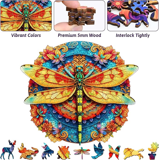 Colorful Dragonfly Wooden Puzzle, 45x40cm Unique Animal Shaped Wood Jigsaw Puzzle, 467 Pieces Large Size Adult Wooden Puzzles, Artistic Insect & Floral Puzzle, Ideal for Adults