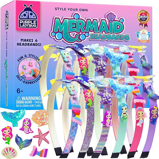 PURPLE LADYBUG Mermaid Headband Kit - Party, Sleepover, Playdates, Summer Activities for Girls, DIY Mermaid Hair Accessories & Crafts, Birthday Gift for Girls Ages 6-10