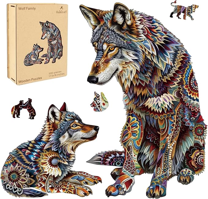 Ruikiyart Wooden Puzzles for Adults, 5MM 500 Pieces Wolf Family Wooden Jigsaw Puzzles, Animal Unique Shaped Puzzle Gifts for Adults and Kids on Thanksgiving, Family Puzzle Games(17.5'' x 18'')