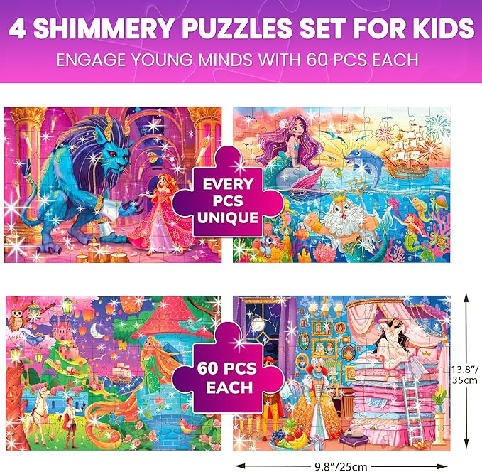 QUOKKA Puzzles for Kids Ages 4-6 – 4-Pack 60-Piece Puzzles for Kids – Fairy Tale Jigsaw Puzzle Set with Princess – Quiet Time Toys for Preschoolers – FSC Certified Learning Toy – Gift for 5 Year Olds