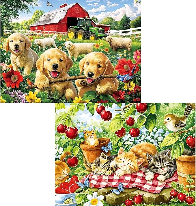 2 Pack 300 Piece Puzzle for Adults, Kittens Puppies Jigsaw Puzzle for Adults Teens,Large Piece Puzzle for Kids Ages 8-10 10-12,Glossy & Sturdy Pieces,Challenging Family Game Great Gift Idea,20.5x15 in