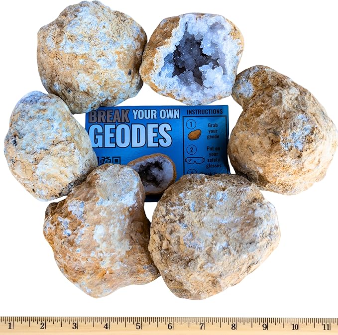 Break Your Own Geode Kit – 3 to 4 Natural Geodes 3.75 to 4.5 Inch Premium Crack-Open Experience + Tools + Geologist Guide – Less Effort for Easy Reveal – STEM Activity + Collectable Gems - X-Large