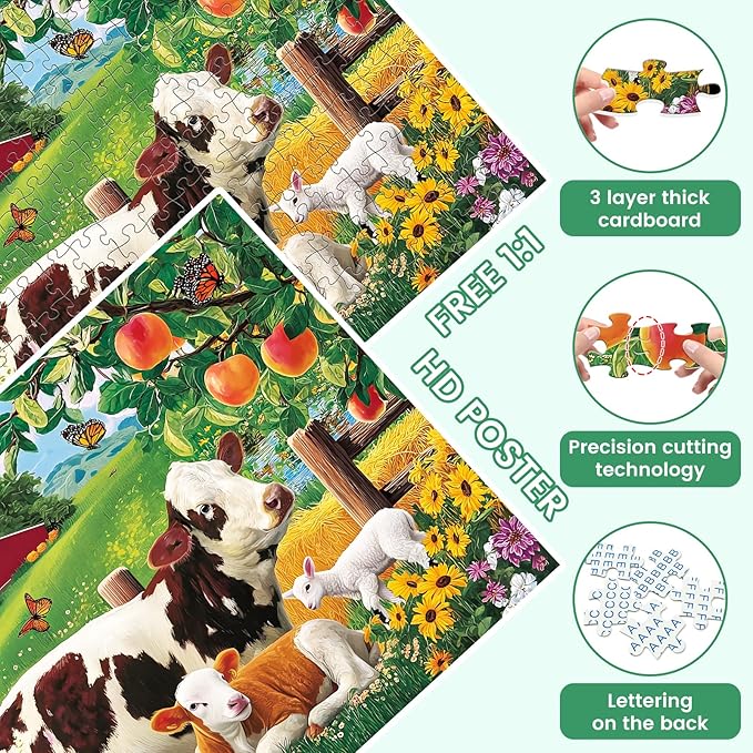 300 Pieces Puzzle for Adults, Countryside Farm Puzzle for Adults Children, Cow Family and Apple Tree Jigsaw Puzzle 300 Pieces, Fun and Challenging Family Game Great Gift Idea, 20.5 * 15 in