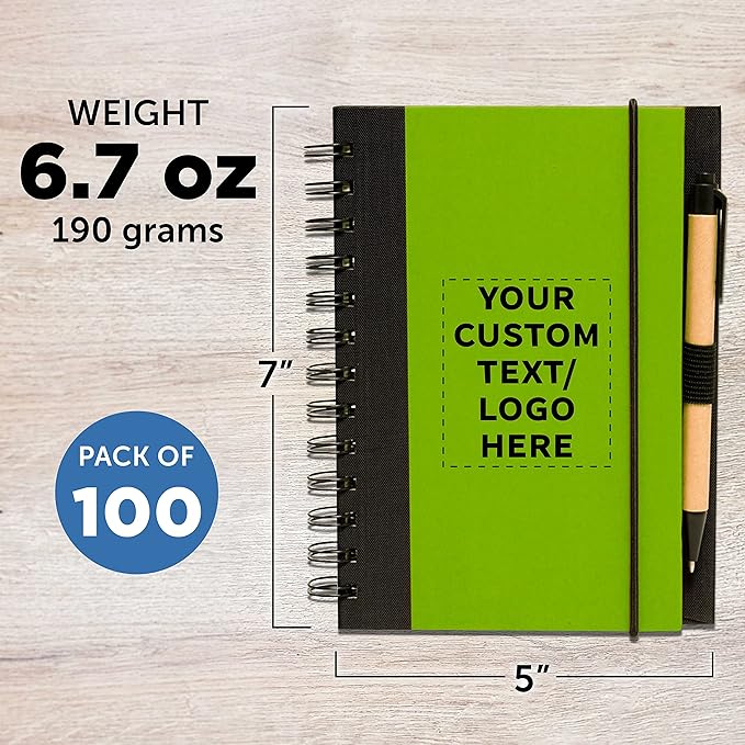 DISCOUNT PROMOS Custom Eco Block Notebooks with Pens Set of 100, Personalized Bulk Pack - Perfect for School, Office, Business, Home - Lime Green