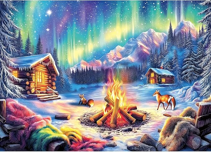 Blueforest 1000 Piece Jigsaw Puzzles for Adults, Northern Lights & Cozy Cabin Winter Bonfire - Impossible Challenging Difficult Puzzle with Aurora, Wildlife & Hygge Gift-Ready Art (27.5"x19.7")