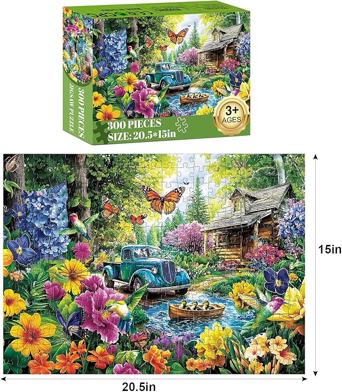 300 Piece Puzzles for Adults,Lake House Jigsaw Puzzle for Adults Kids Elderly,Large Piece Landscape Puzzle for Kids Age 8-10 10-12,Challenging Truck Bird Flower Puzzle,Family Game Great Gift 20.5x15in