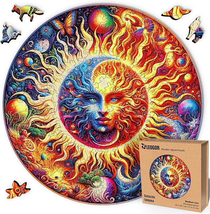 LEOGOR Wooden Jigsaw Puzzles for Adults 200 Pieces (11.3 × 11.3 in), Sun Moon Puzzle, Extra-Thick 5mm Wood, Round Mosaic Puzzle, Unique Animal Shapes, Relaxing Artistic Gift for Adults and Teens