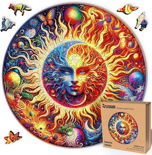 LEOGOR Wooden Jigsaw Puzzles for Adults 200 Pieces (11.3 × 11.3 in), Sun Moon Puzzle, Extra-Thick 5mm Wood, Round Mosaic Puzzle, Unique Animal Shapes, Relaxing Artistic Gift for Adults and Teens