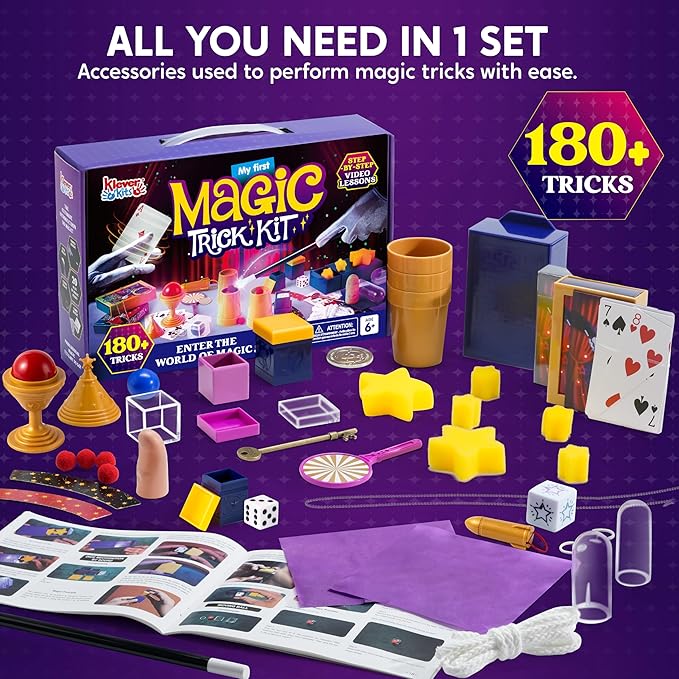 Klever Kits 180+ Magic Set- My First Magic Trick Kit- Amazing Magician Toy with Step-by-Step Video Lessons, for Kids Aged 6+ Easy Tricks of Wand and Illusion Cards