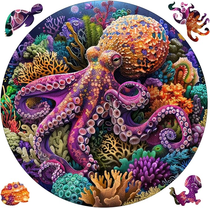 Ruikiyart Wooden Puzzles for Adults, 5MM 200 Pieces Octopus Wooden Jigsaw Puzzles, Sea Animal Puzzle Unique Shaped for Adults and Kids on Thanksgiving, Christmas Family Puzzle Games (11.2'' x 11.2'')