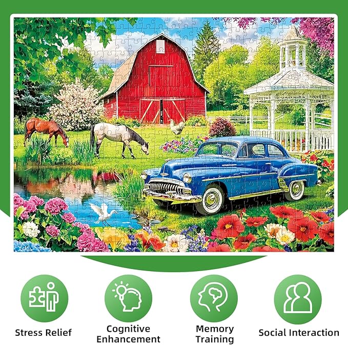 Puzzles for Adults 500 Pieces,Farm Horse Puzzle for Adult,Flowers Rooster Barn Truck Themed Jigsaw Puzzle,Country Life Puzzle for Seniors Kids,Puzzles for Family Game Nights, 20.5x15 in