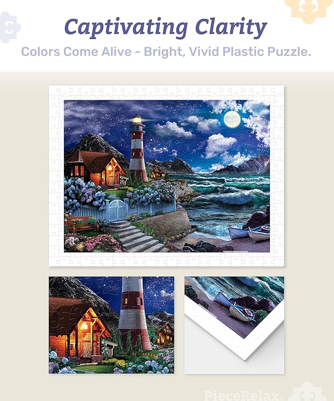 PieceRelax Plastic Jigsaw Puzzles for Adults 300 Pieces - Image World - Lighthouse in The Night Most Satisfying Table Games and Gifts No Puzzle Mat Required [H3565]