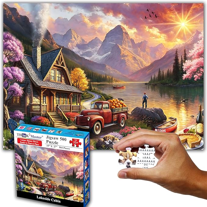 Think2Master Lakeside Mountain Retreat 500 Pieces Large Format Jigsaw Puzzle: Kids 12+, Teens, Adults & Families. Escape to a World of Tranquility and Rustic Charm. Great Gift. Size: 26.8” X 18.9”