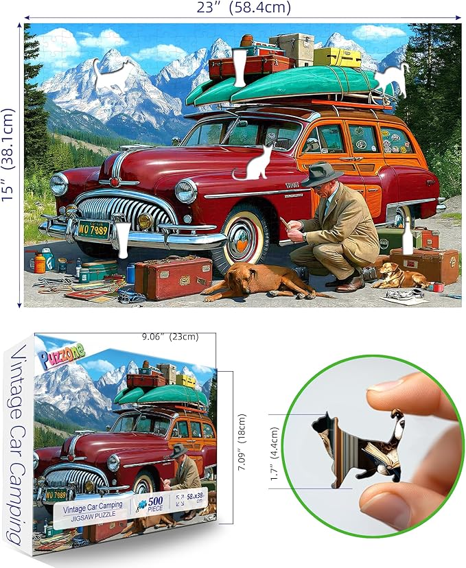 Vintage Car Puzzles for Adults 500 Piece Travel Adventure Jigsaw Puzzle Mountain Scene Large Piece Puzzles for Seniors Family Challenging Puzzle with Letters on Back Perfect for Game Night (23"X15")