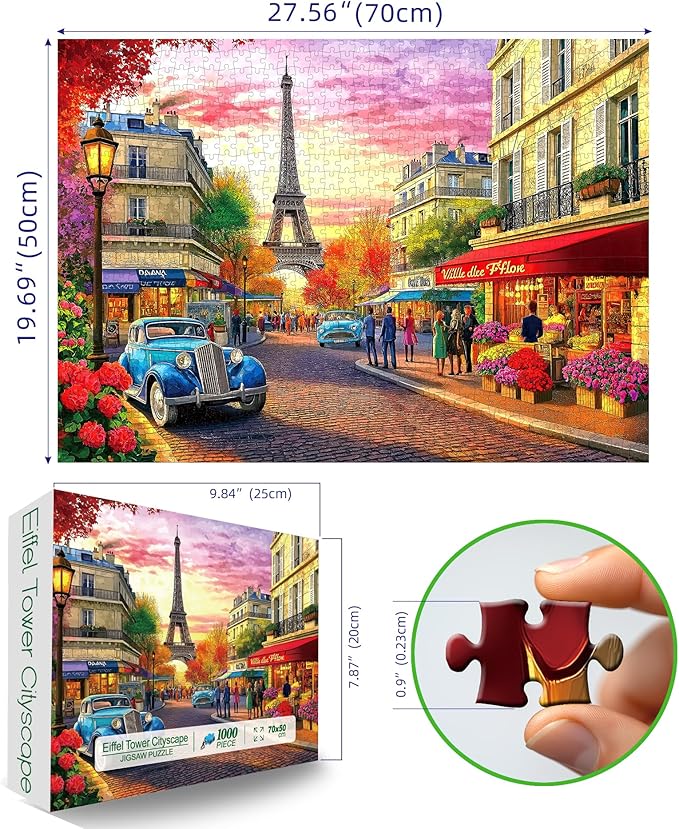 Paris Street Scene 1000 Piece Jigsaw Puzzle for Adults Eiffel Tower Cityscape with Vintage Cars Landscape Scenery Challenging Family Puzzle Perfect for Game Nights (27.5"X19.6")
