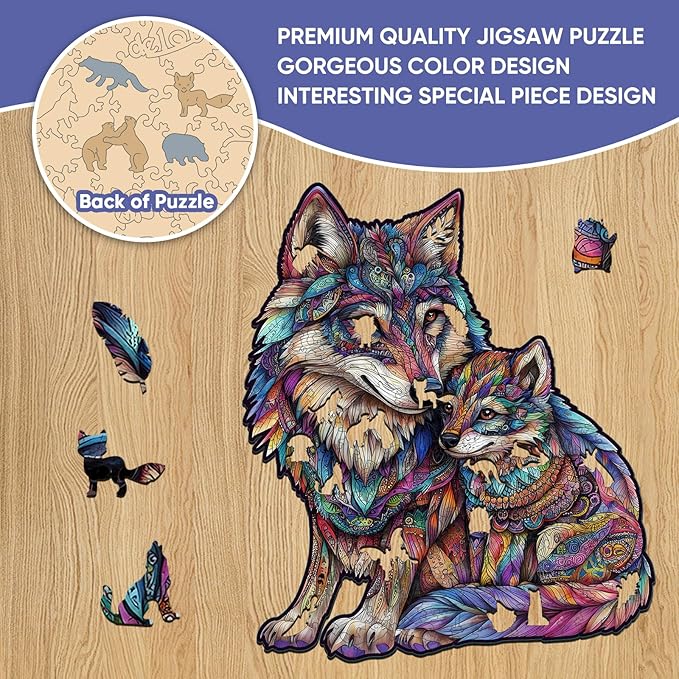 delobil Wooden Puzzles for Adults, Wolf Family Jigsaw Puzzles 500 Pieces, 17.3x14.9in, Unique Shaped Cool Animal Wood Adult Puzzle, Best Gifts for Adults and Kids Family Game