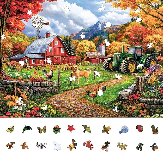 Fall Farm Jigsaw Puzzles for Adults 1000 Pieces, Brain Challenging Shaped Puzzle for Game Night, Family, Friends, Puzzle Size is 26.6 x 19.2 Autumn