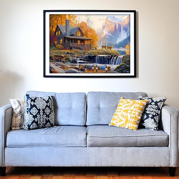 Think2Master Cabin by The Falls 500 Pieces Large Format Jigsaw Puzzle: Kids 12+, Teens, Adults & Families. Scenic Autumn Mountain Landscape with Log Cabin, Waterfall. Great Gift. Size: 26.8” X 18.9”