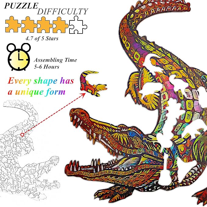 Wooden Jigsaw Puzzle for Adults,Unique Crocodile Animals Shaped Magic Pieces Family Game Best Gift Adults,Can be Used as a Cool Mouse Pad, 164pcs,(11.5x9.5 inches) 02…