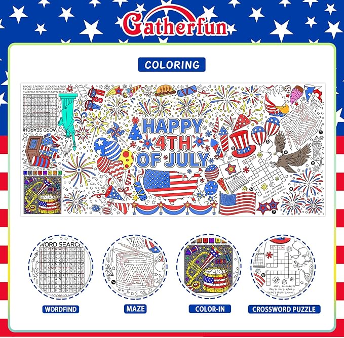 Gatherfun 4th of July Coloring Tablecloth | Patriotic Giant Poster 31.5x72 | Ideal for Independence Day Decor & Activities | American Flag-Themed for Classroom Wall or School Party Table Cover