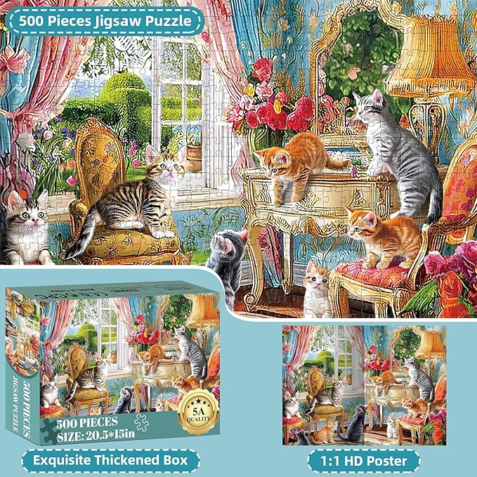 Puzzles for Adults 500 Pieces,Cute Cats Puzzle for Adults,Cozy House & Kittens Jigsaw Puzzles,Recyclable Cardboard Puzzles for Seniors Kids Teen,Puzzle for Family Game Nights, 20.5x15 in