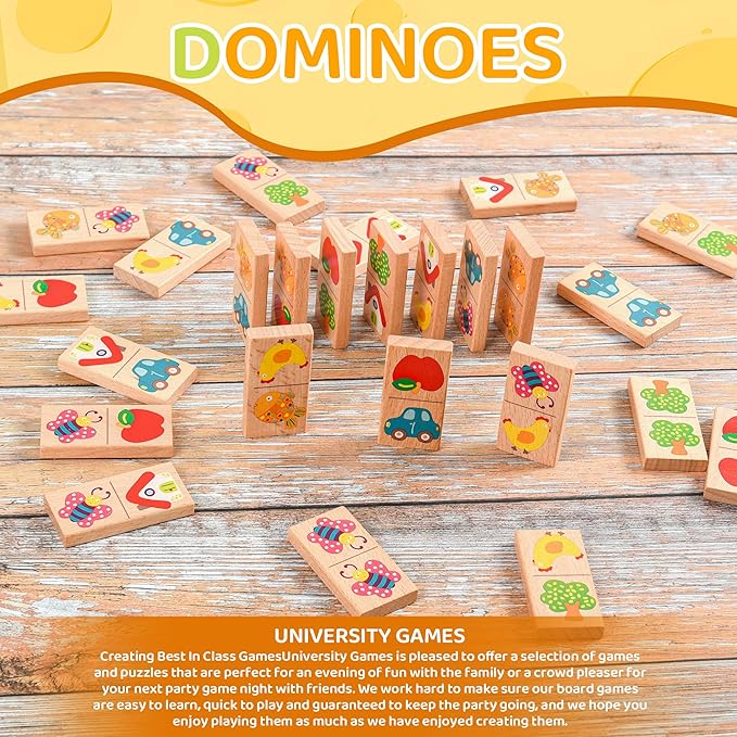 28 Pcs Wooden Domino Puzzle Game - Multicolor Fruit & Animal Design, Educational Family Logic and Thinking Skill Development Toy, Montessori Toys, Matching & Learning Board Game, Gift for Age 3+