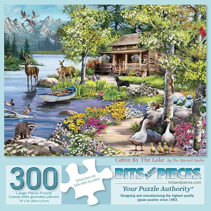 Bits and Pieces – 300 Piece Jigsaw Puzzle for Adults – Cabin by The Lake - Woodland Animal Spring Forest Jigsaw Puzzle by Artist The Macneil Studio, Completed Puzzle Size: 18" x 24"
