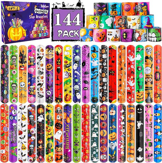 LUYI 144 PCS Halloween Slap Bracelets，Halloween Party Favors Supplies for Kids-108 Different Designs Bracelets Bulk for Halloween Decorations Treat Toys Bag Stuffers Gift for Kids Girls Boys