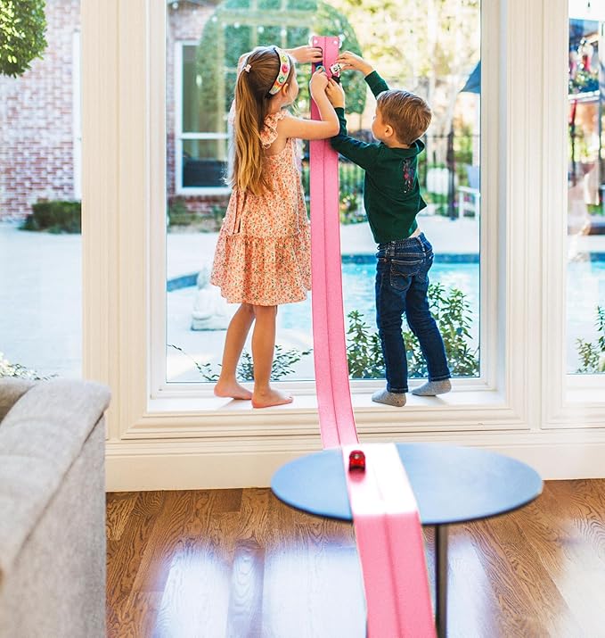 FlexTrack 5000 Flexible Race Car Track for Kids Toy with Suction Cups Compatible with Hot Wheels and Diecast 1/64th Cars and More 15 Feet Long Rolls Up Portable Racetrack (Princess Pink)