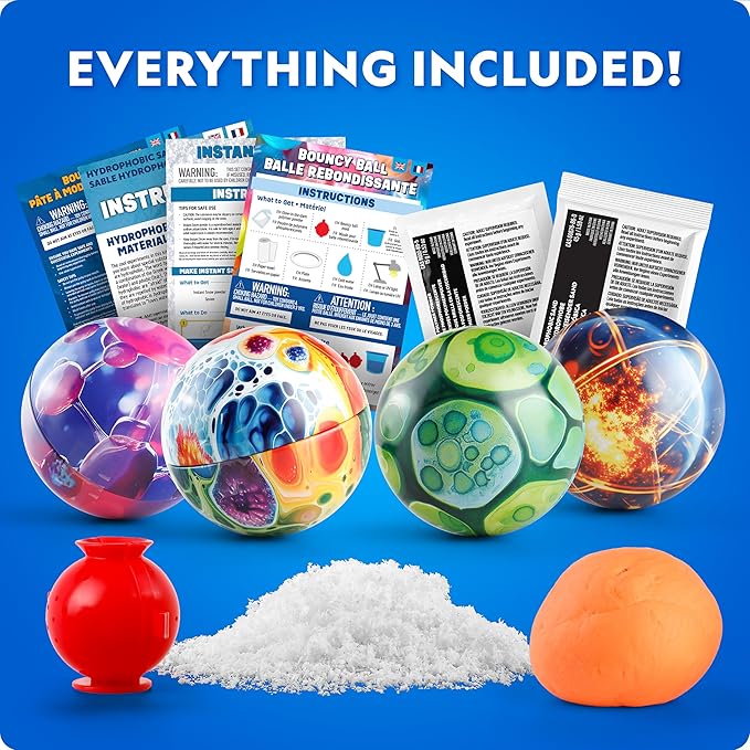 Blue Marble Science Surprise Christmas Ornaments – 4 Ornaments with Holiday Science Experiments Inside - Bouncy Ball, Instant Snow, Bouncing Putty & Hydrophobic Sand, Learning Guide & Instructions