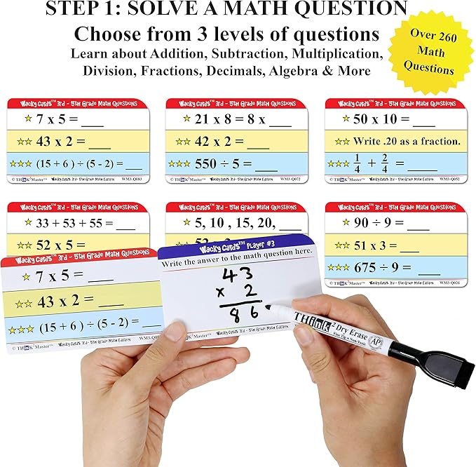 Think2Master Wacky Cards 3rd - 5th Grade. Math Card Game for Families & Classroom. Make Hilarious Sentences While Practicing Math Including Multiplication, Division & Algebra.