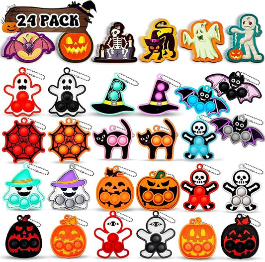 Halloween Pop Fidget Toys Bulk,24 Packs Halloween Kids Party Favors with Spooky Cards,Mini Keychain Sensory Stress Toy Set for Trick or Treat,Toddlers Teens Classroom Prizes Goodie Bag Stuffers