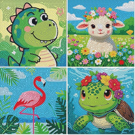 Libfx Diamond Art Kits for Kids 4 PCS Diamond Art for Girls Boys Beginners Arts and Crafts for Kids Ages 8-12 (Dinosaur Cattle Turtle crane-08)