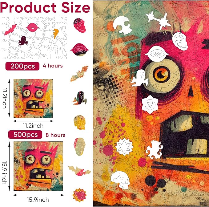 Ruikiyart Wooden Puzzles for Adults,5MM 200 Pieces Funny Scared Expression Wooden Jigsaw Puzzles, Unique Shaped Puzzle Gifts for Adults and Kids on Christmas, Family Puzzle Games (Red, 11.2''x11.2'')