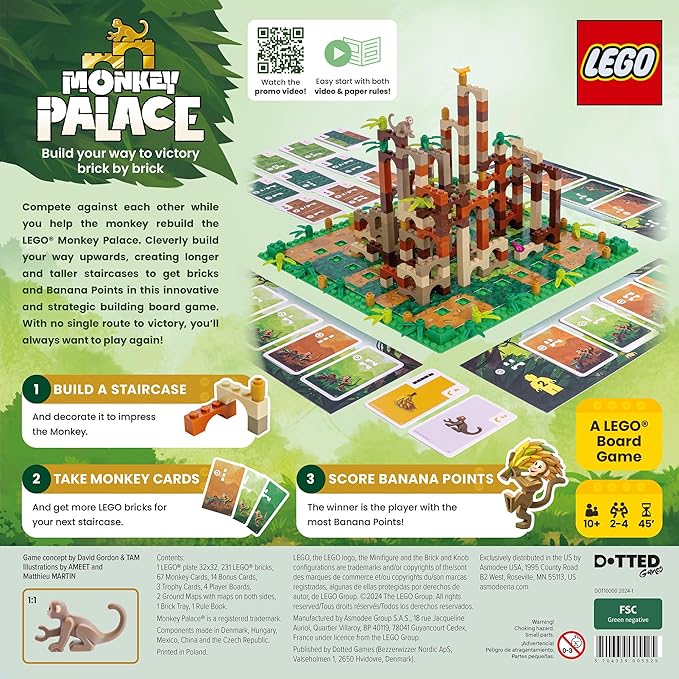 Dotted Games Monkey Palace: A Lego Board Game - Build Your Way to Victory Brick by Brick! Fun Family Brick-Building Game for Kids & Adults, Ages 10+, 2-4 Players, 45 Minute Playtime