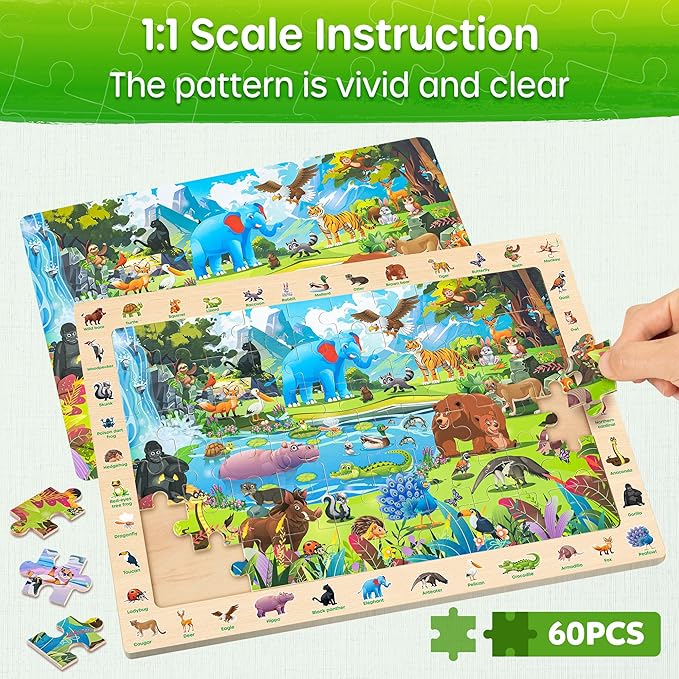SYNARRY Wooden Puzzles for Kids Ages 4-6, 4 x 60 Piece Match & Find Puzzles for Kids Ages 3-5 Boys Girls, Educational Toys Gifts for 4-8 yo for Learning Jungle Savannah Polar Animals & City Life