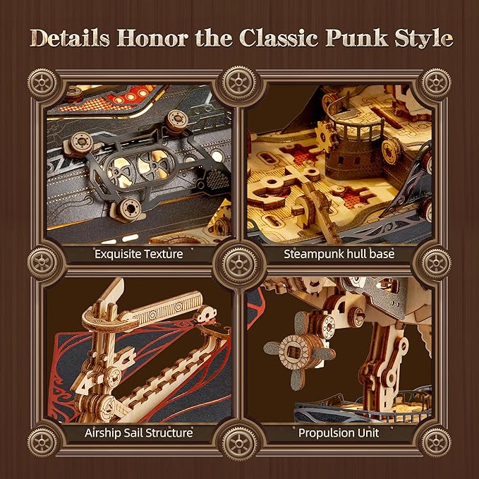 LED 3D Wood Puzzle Fantasy Airship Model - Steampunk DIY Craft Kit with LED Lights – Intricate Wooden Airship Model Building Set for Teens and Adults(Gray)