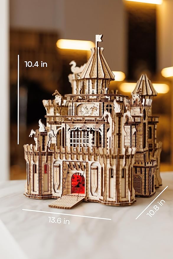Wood Trick Dragon Castle Movable Wooden 3D Puzzles for Adults to Build - Red LED - Greensleeves Melody - Towers Rotating - Engineering DIY Project Mechanical Model Kits for Adults